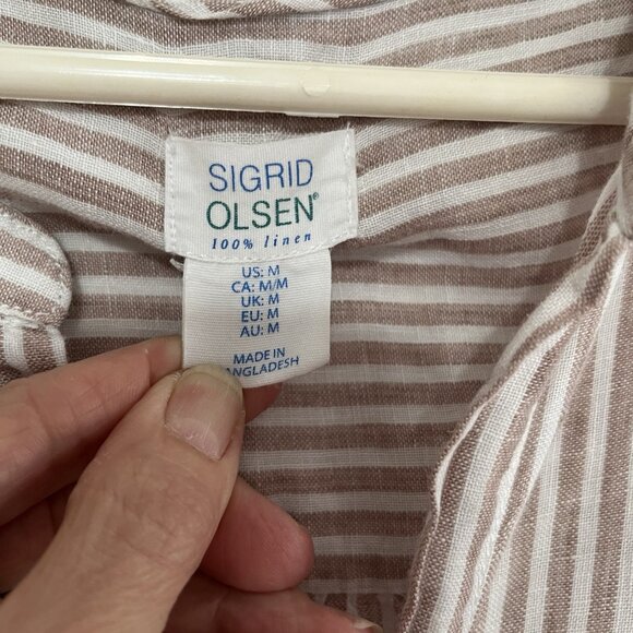 Sigrid Olsen 100% Linen Button Up Tunic Shirt Womens M Tan Striped Lagenlook - Picture 9 of 13